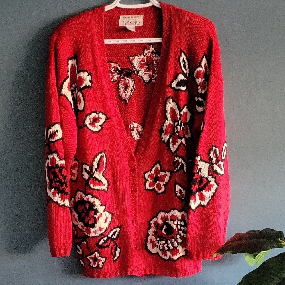 Izod Vibrant Red Floral Cardigan